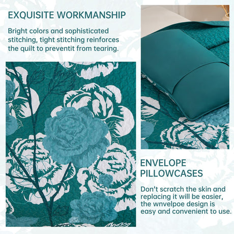 Quilt Set Queen Size, 3 Pieces Teal Floral Bedspread Coverlet Set