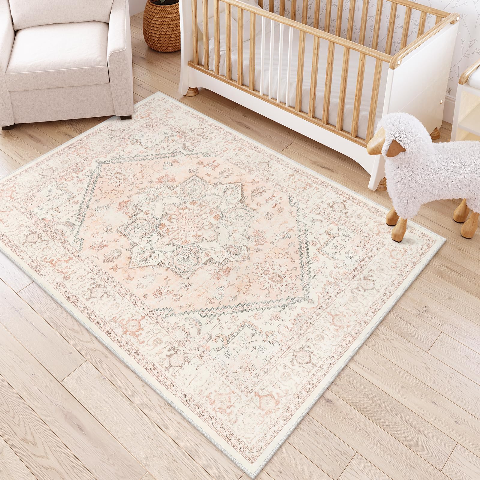 Pink Area Rug 5x7 - Large Oriental Floral Living Room Rug Vintage Non-Slip Indoor Rug