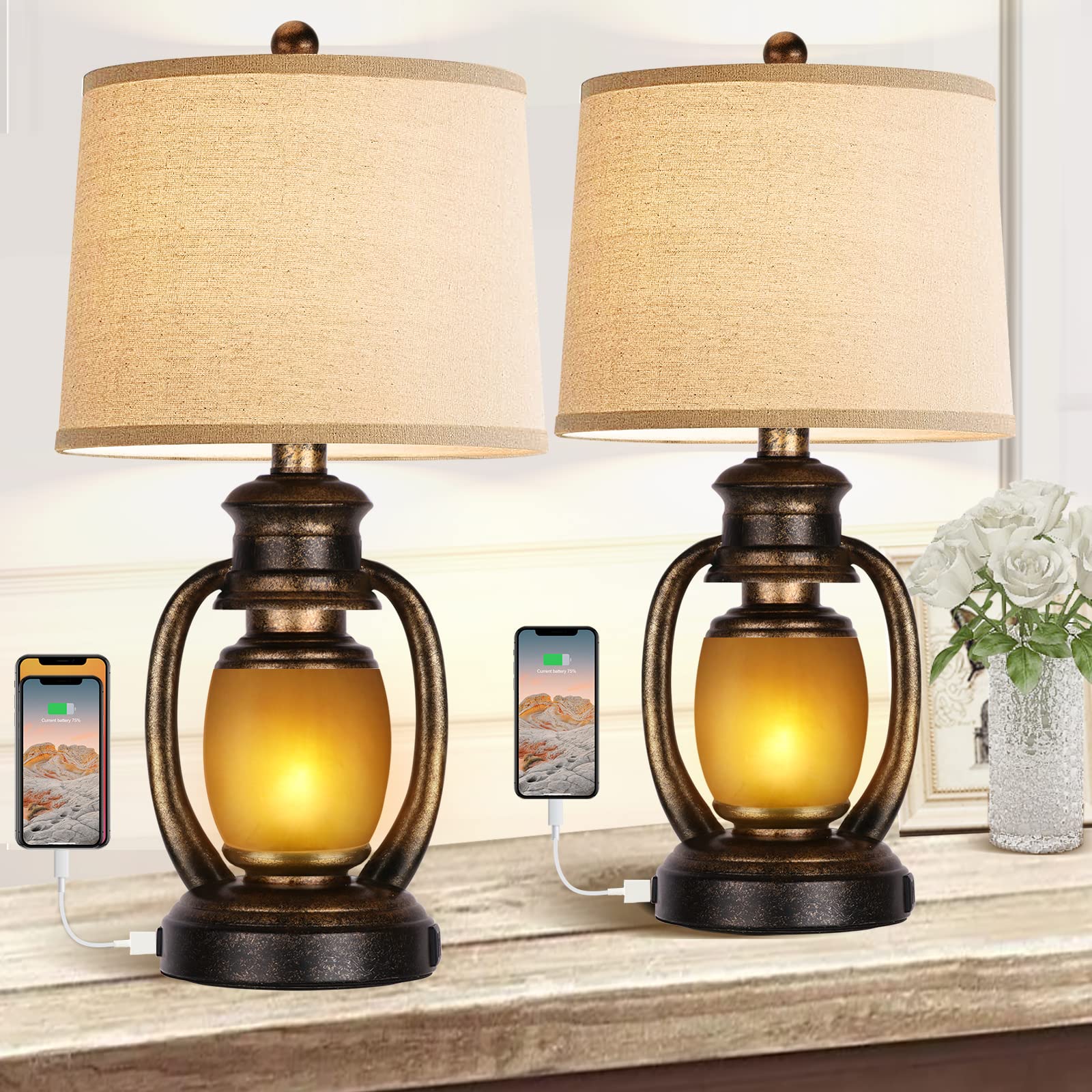 Set of 2 Rustic Living Room with 2 USB Port and Outlet