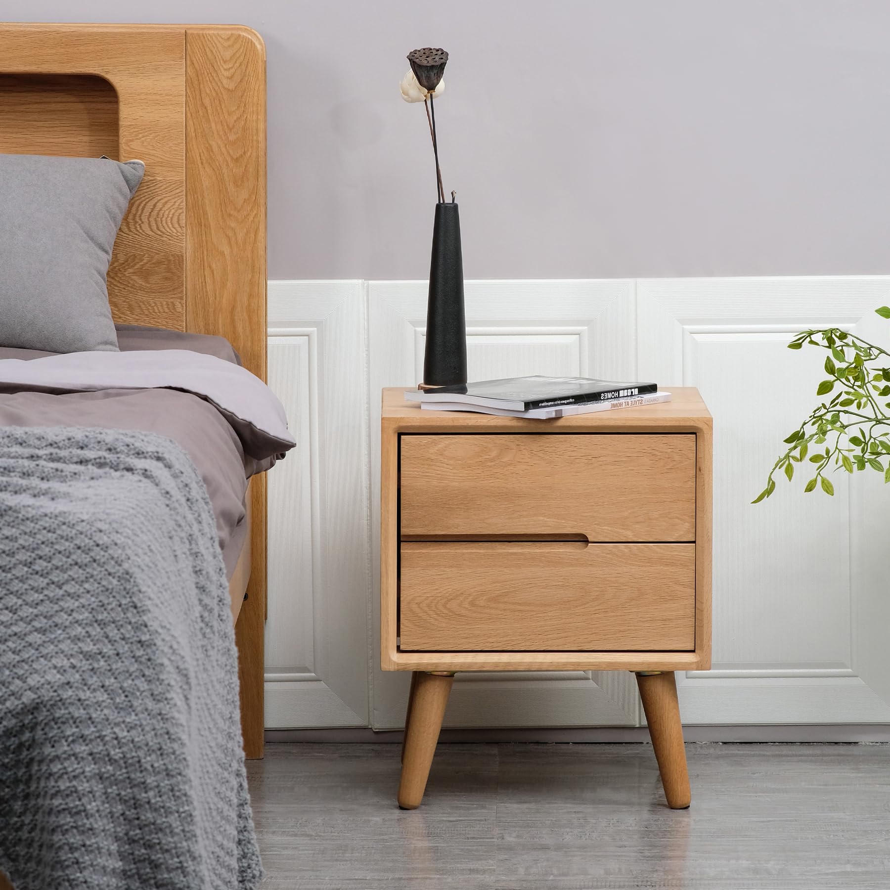 Nightstand, Solid Wood Small End Table w/2 Drawers, Modern Bedside Tables, Mid Century