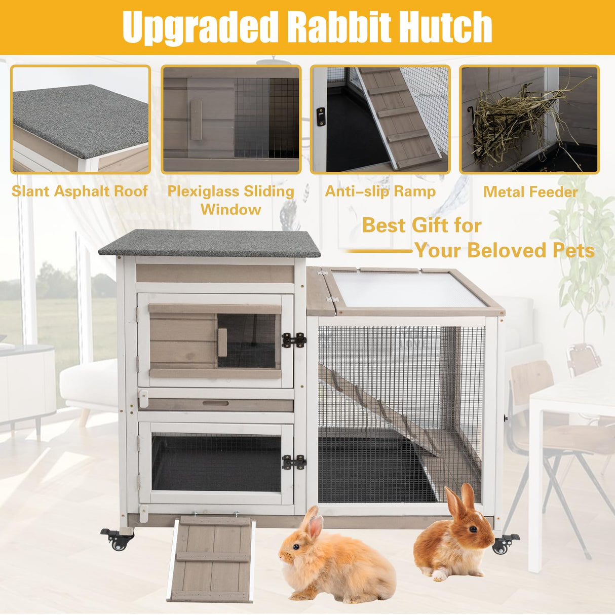 40"L Rabbit Hutch Indoor Wooden Large Bunny Hutch Outdoor 2 Story Rabbit Cage