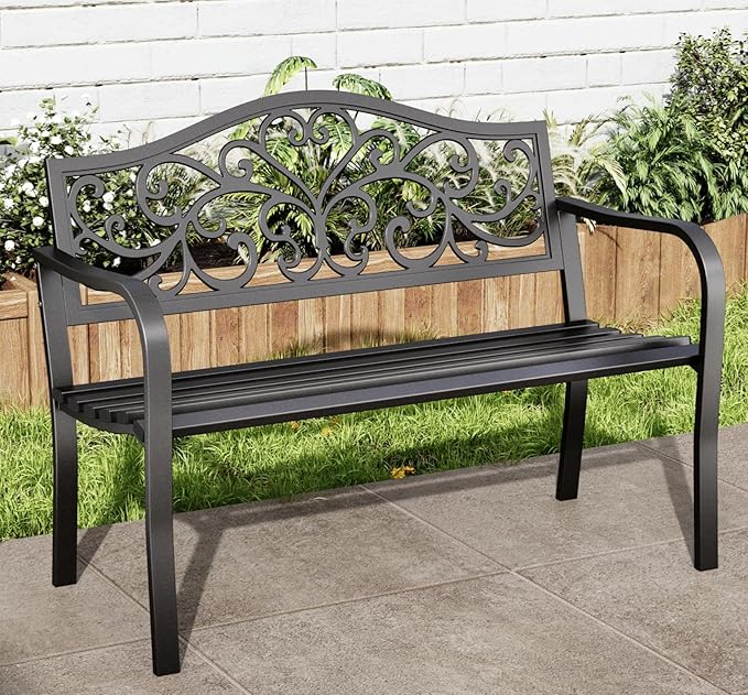 43.7 Inches Outdoor Garden Bench, Cast Iron Metal Frame Patio Park Outside Benches