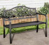 43.7 Inches Outdoor Garden Bench, Cast Iron Metal Frame Patio Park Outside Benches