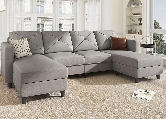 U Shaped Sectional Sofa Convertible Couch with Double Chaises 4 Seat Sofa with Ottomans for Living Room