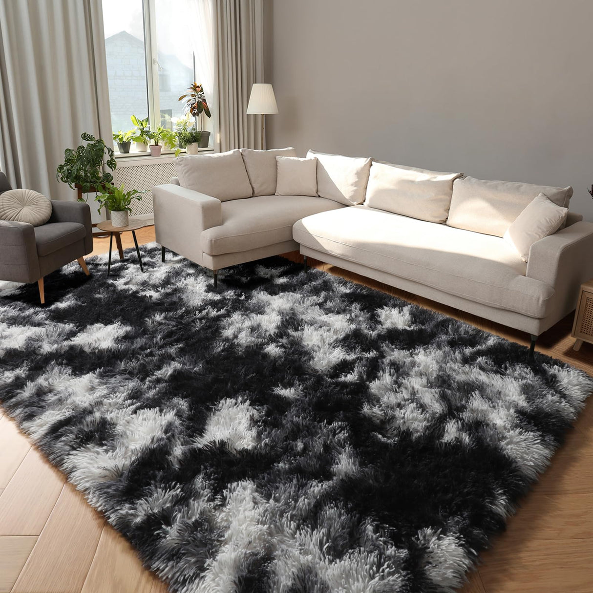 Black White Grey Rugs for Living Room 5x8, Shag Fuzzy Fluffy Rugs for Kids Room,