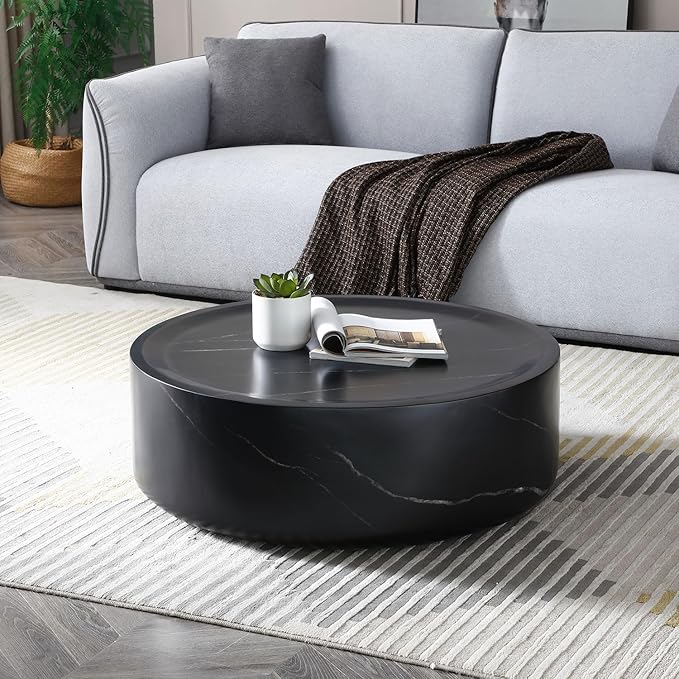 Round Wood Coffee Table, Handcraft Drum Tea Table Center Table for Living Room, Modern Circle Wooden Cocktail Table for Small Space, Easy Assembly