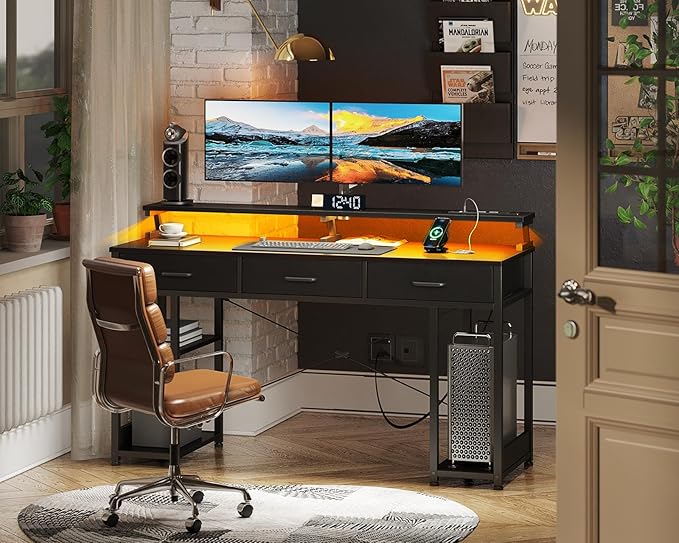 48 inch Computer Desk with 3 Drawers, Gaming Desk with LED Lights & Power Outlets