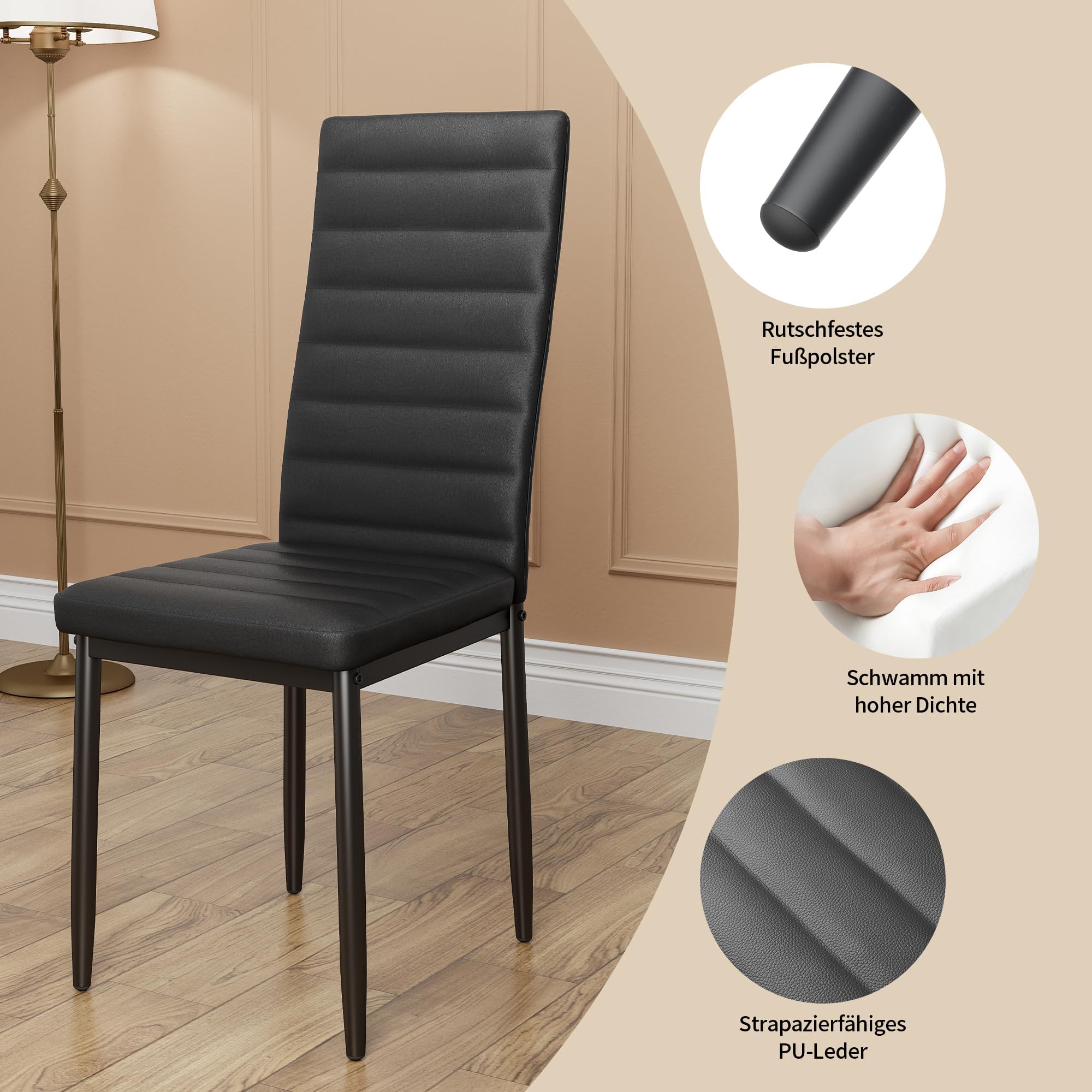 5-Piece Tempered Glass Dining Table Set for 4 - Modern Black Kitchen Table with Chairs