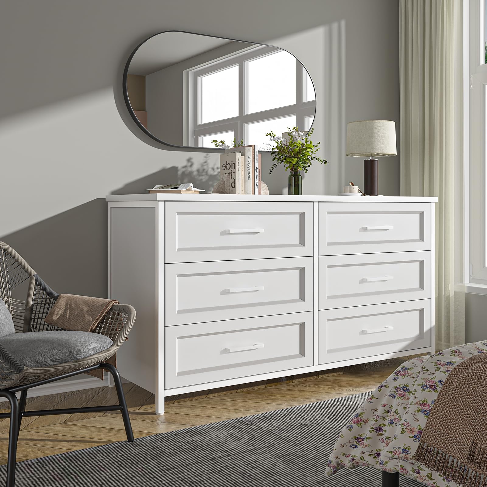 6 Drawer Double Dresser for Bedroom, Wood Storage Dresser Clothes Organizer
