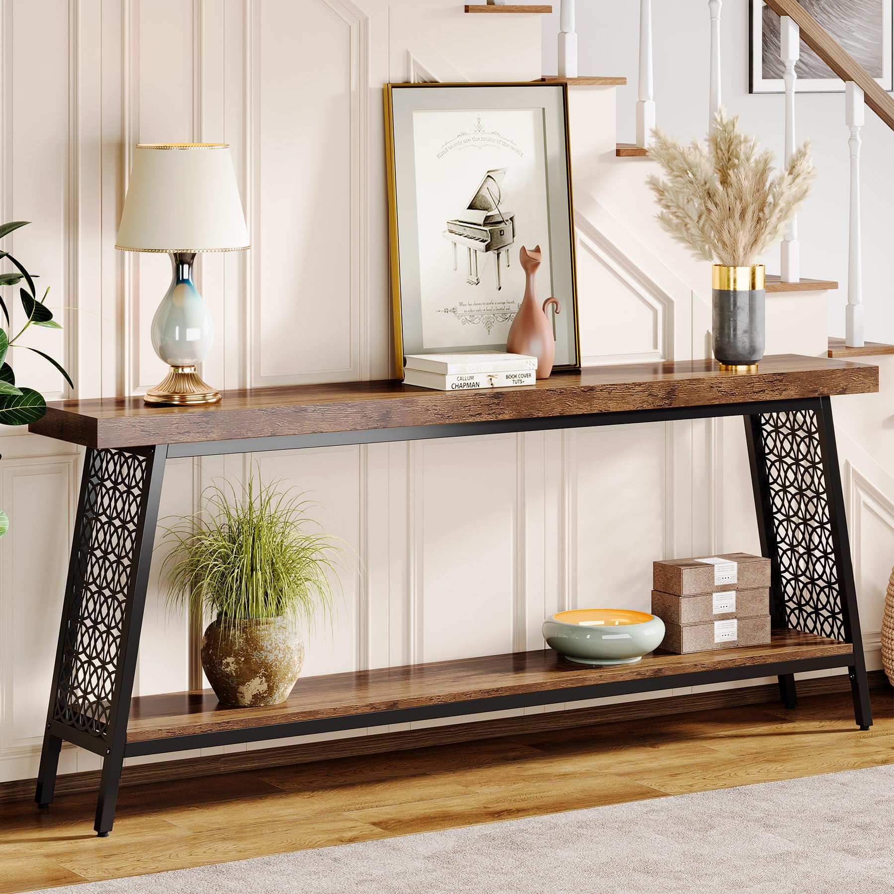 70.9" Console Table, 2-Tier Extra Long Sofa Table, Industrial Entryway Table Behind Couch