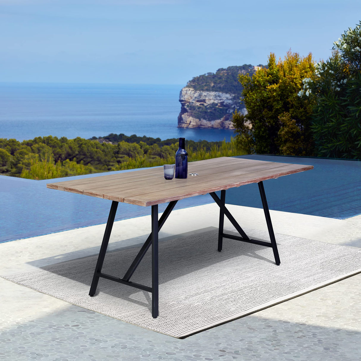 Koala Outdoor Patio Light Eucalyptus Wood and Metal Rectangle Dining Table