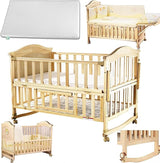 Mini Baby Crib 6 in 1 with Adjustable Memory Foam Mattress Included, 2024 Natural Wood Convertible Crib with Foldable Storage Baby Playpen,