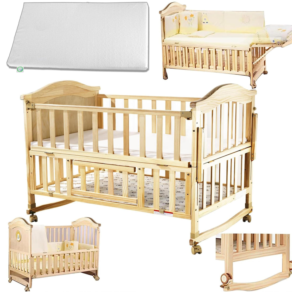 Mini Baby Crib 6 in 1 with Adjustable Memory Foam Mattress Included, 2024 Natural Wood Convertible Crib with Foldable Storage Baby Playpen,