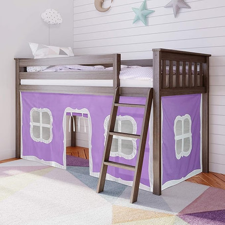 Low Loft Bed, Twin Bed Frame With Curtains For Bottom, Clay/Purple