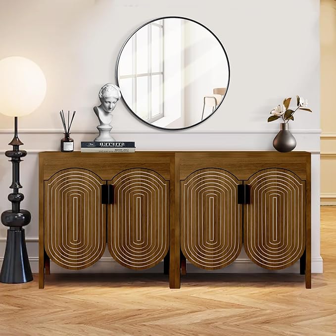 Fluted Buffet Cabinet with Storage, Sideboard Buffet Cabinet with Curved Door
