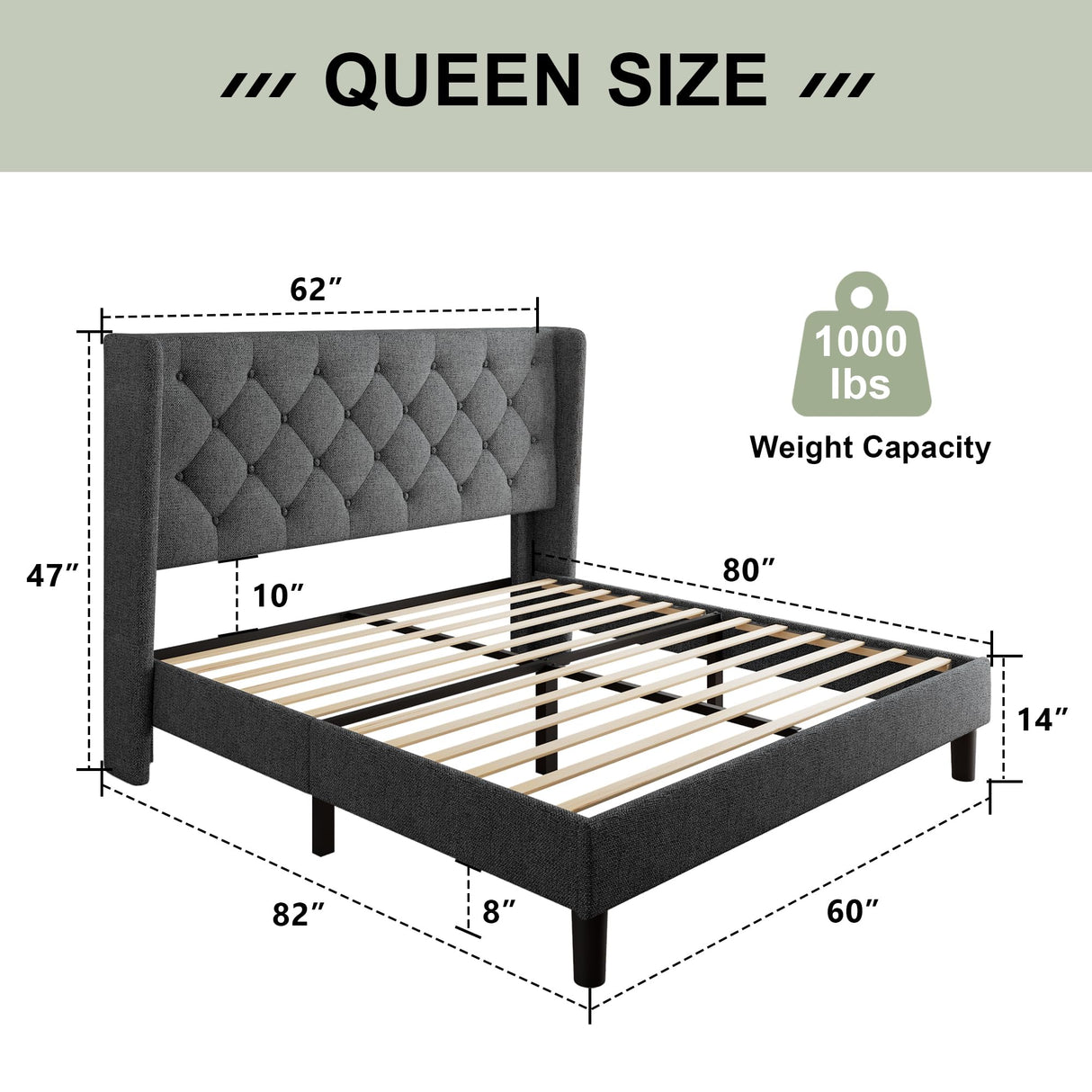 Queen Size Bed Frame with Diamond Tufted Wingback Headboard, Morden Upholstered