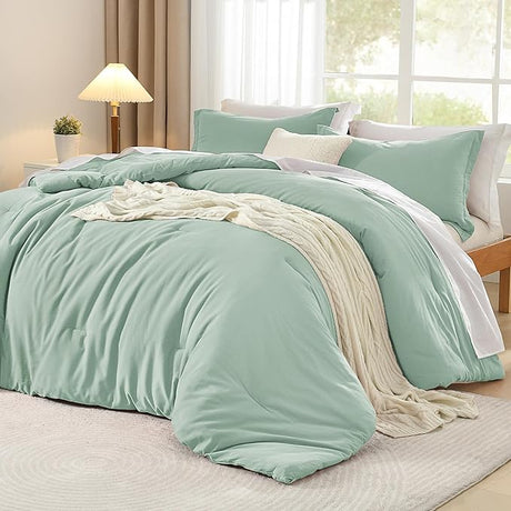 Sage Green Comforter Full Size, Cotton Comforter Solid Color 3 Pieces, Breathable Aesthetic Soft Bedding Set All Season(1 Comforter 79x90 inch, 2 Pillowcases)