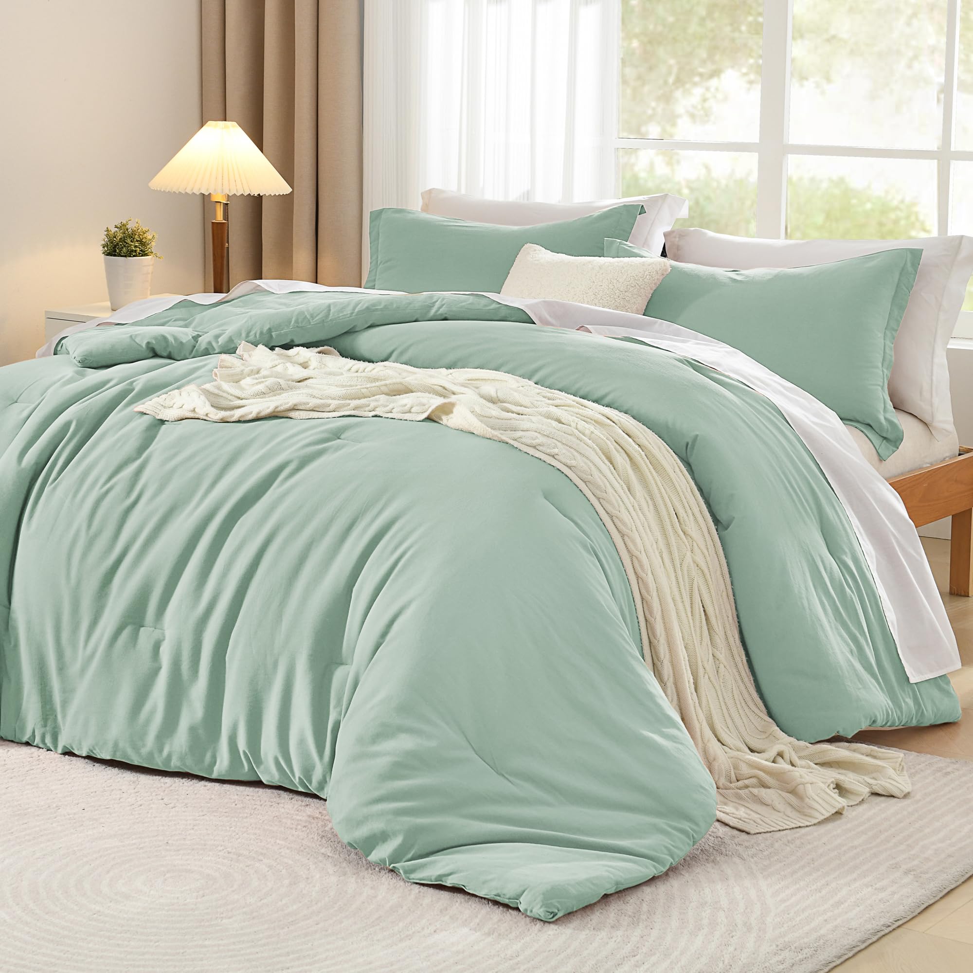 Sage Green Comforter Full Size, Cotton Comforter Solid Color 3 Pieces