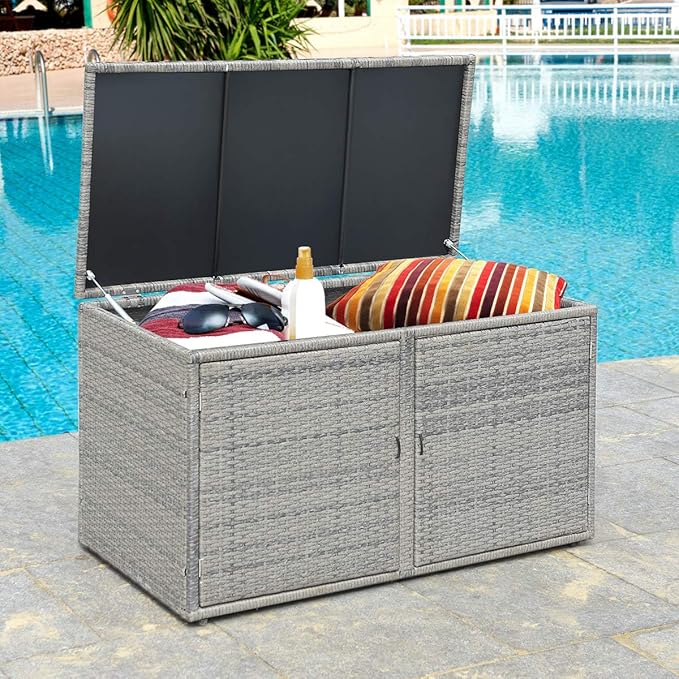Outdoor Wicker Storage Box, Garden Deck Bin with Steel Frame, Rattan Storage Box