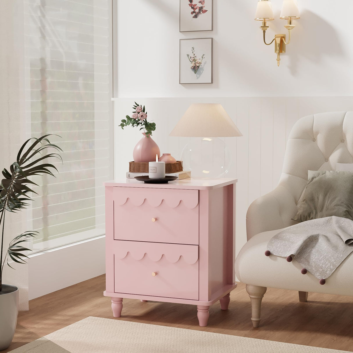 Pink Nightstand Side End Table with 2 Drawers, Modern Night Stand with Petal Pattern for Bedroom, Scalloped Bedside Night Tables with Solid Wood Legs