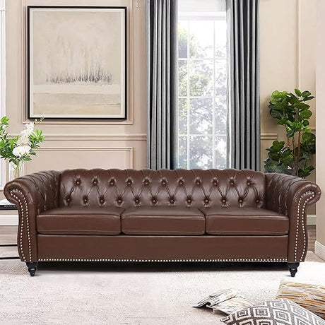 Chesterfield Sofa, Classic Tufted Upholstered Leather Couch, Modern 3 Seater Couch