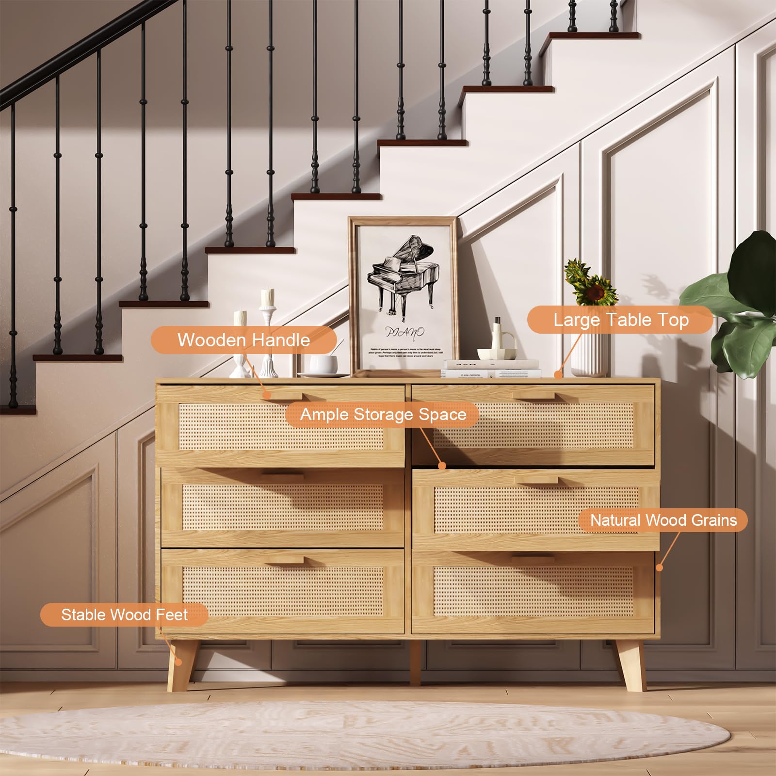 Wide Rattan Dresser, 6 Drawer Dressers