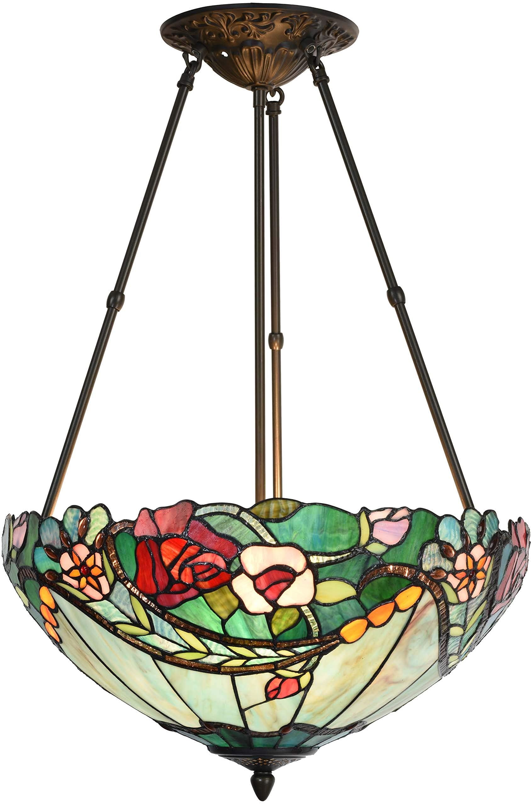 Rose Flower Tiffany Stained Glass Pendant Light - 18 Inch 3-Light Ceiling Fixture