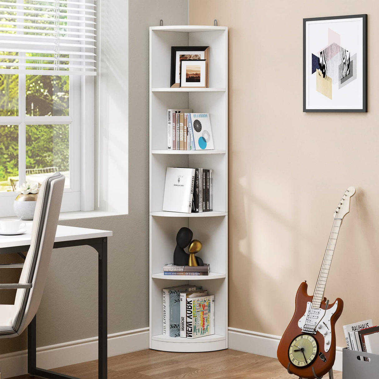 5-Tier Corner Shelf, 70.8" Tall Modern Free Standing Corner Bookshelf, 5 Shelf Display Corner Bookcase and Bookshelves,Wooden Open Storage Book Shelves for Living Room, Home Office, White