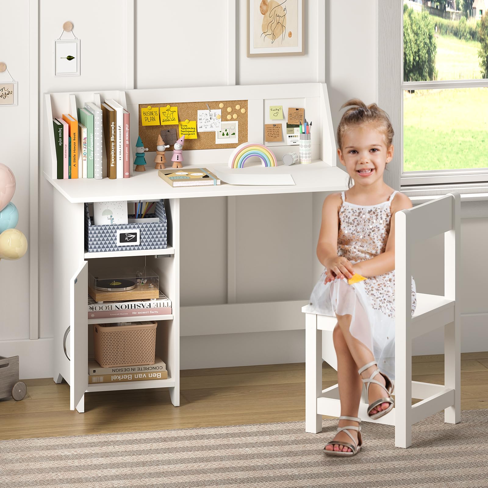 White Kids Desk with Chair, Wooden Study Table for Boys and Girls