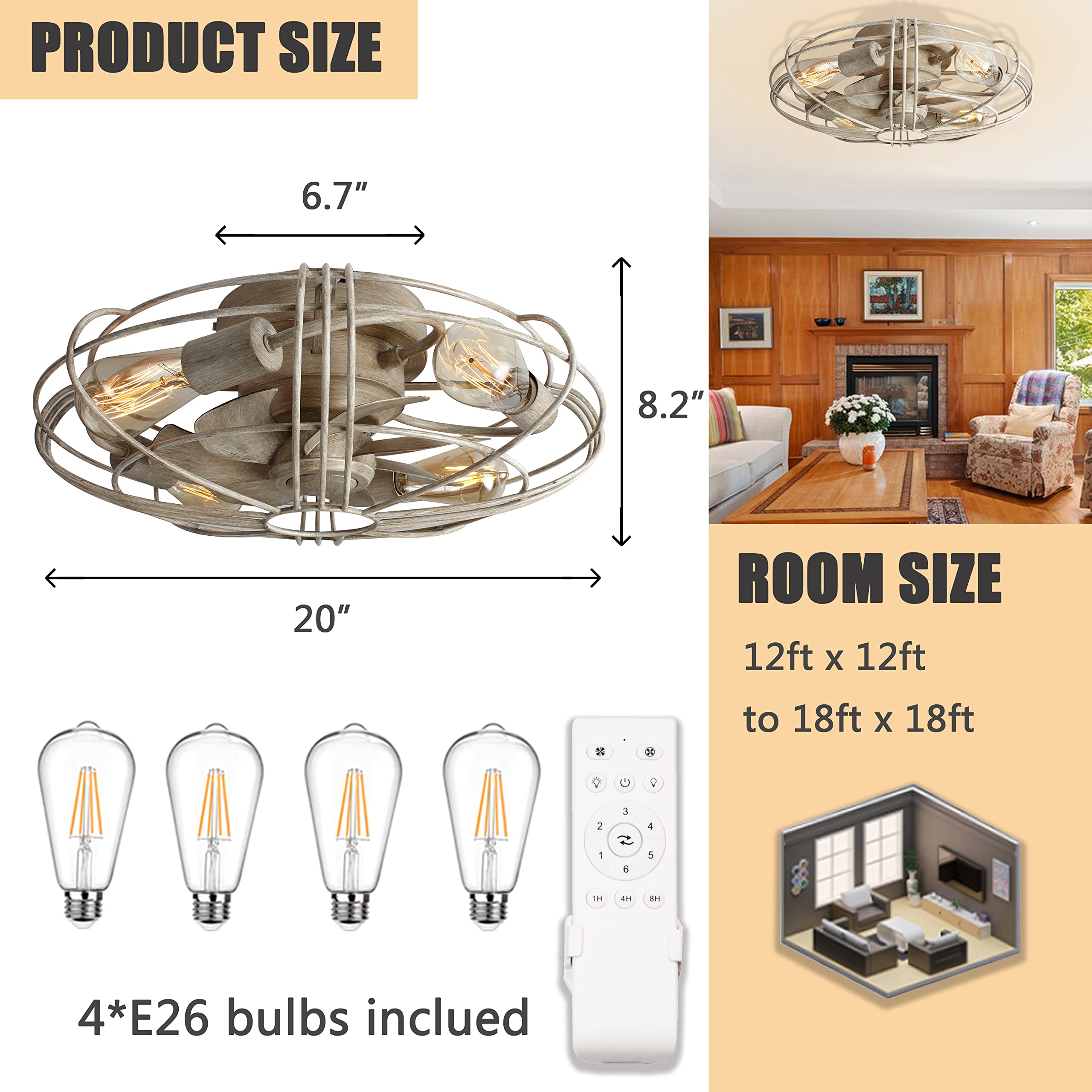 Caged Farmhouse Bladeless Ceiling Fan with Light and Remote