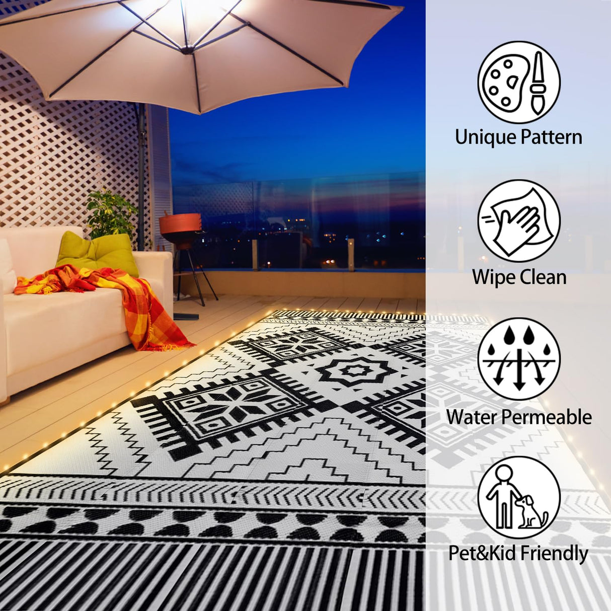 Outdoor Rug Mat with Led Strip Lights for Patio, 8x10ft Waterproof Reversible