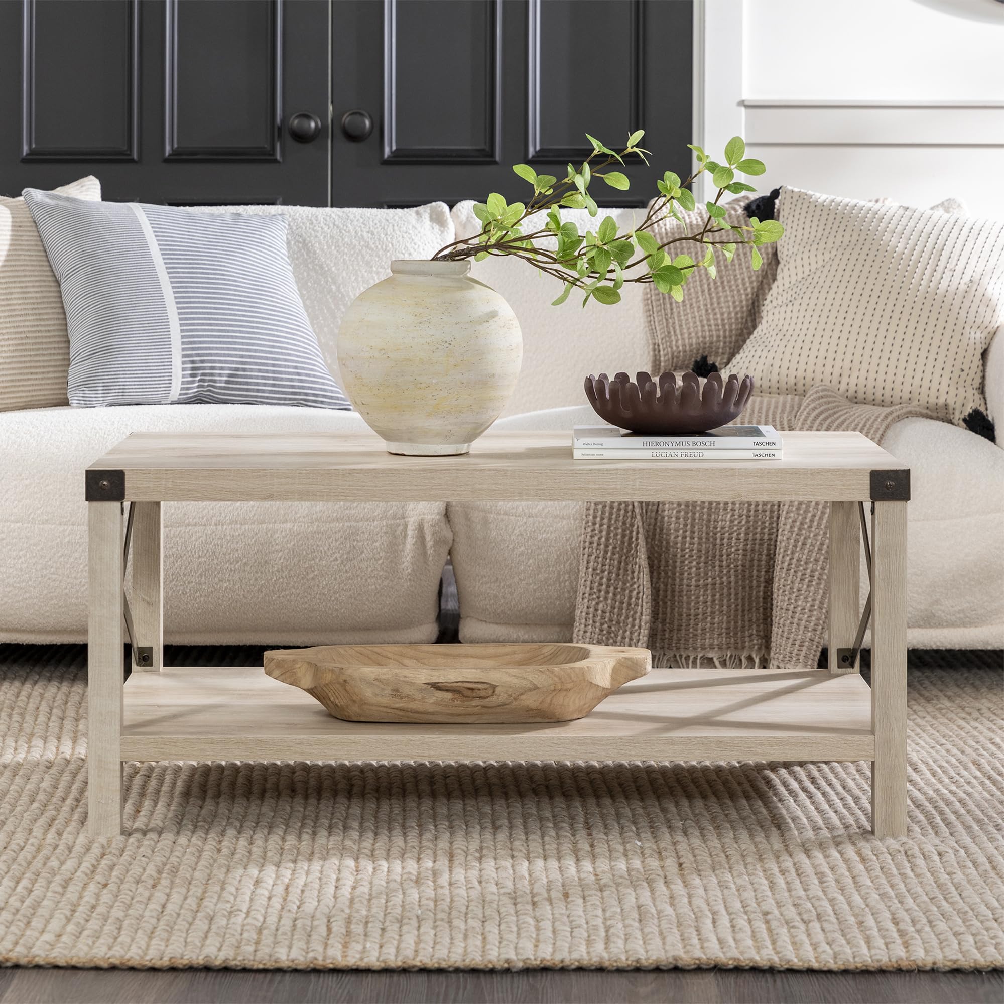 Sedalia Modern Farmhouse Metal X Coffee Table, 40 Inch, White Oak
