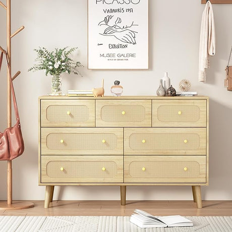 Rattan Dresser for Bedroom, Modern 6 Drawer Double Dresser with Gold Handles