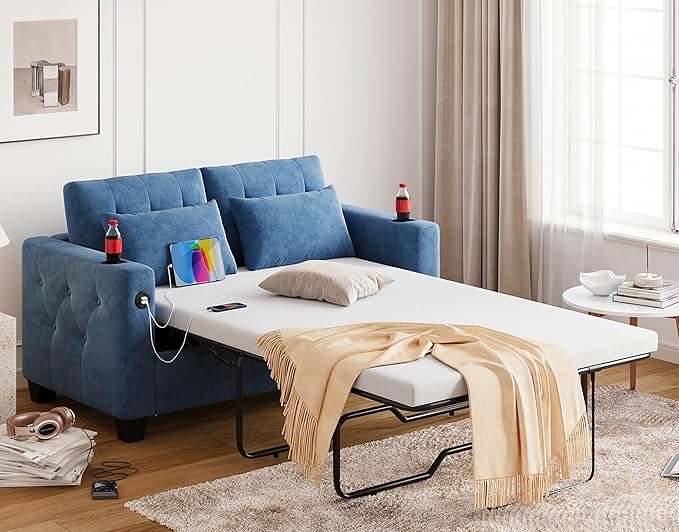 Pull Out Sofa Bed, 2-in-1 Convertible Sleeper Couch with Memory Foam Mattress
