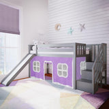 Low Loft Bed, Twin Bed Frame With Curtains For Bottom, Clay/Purple