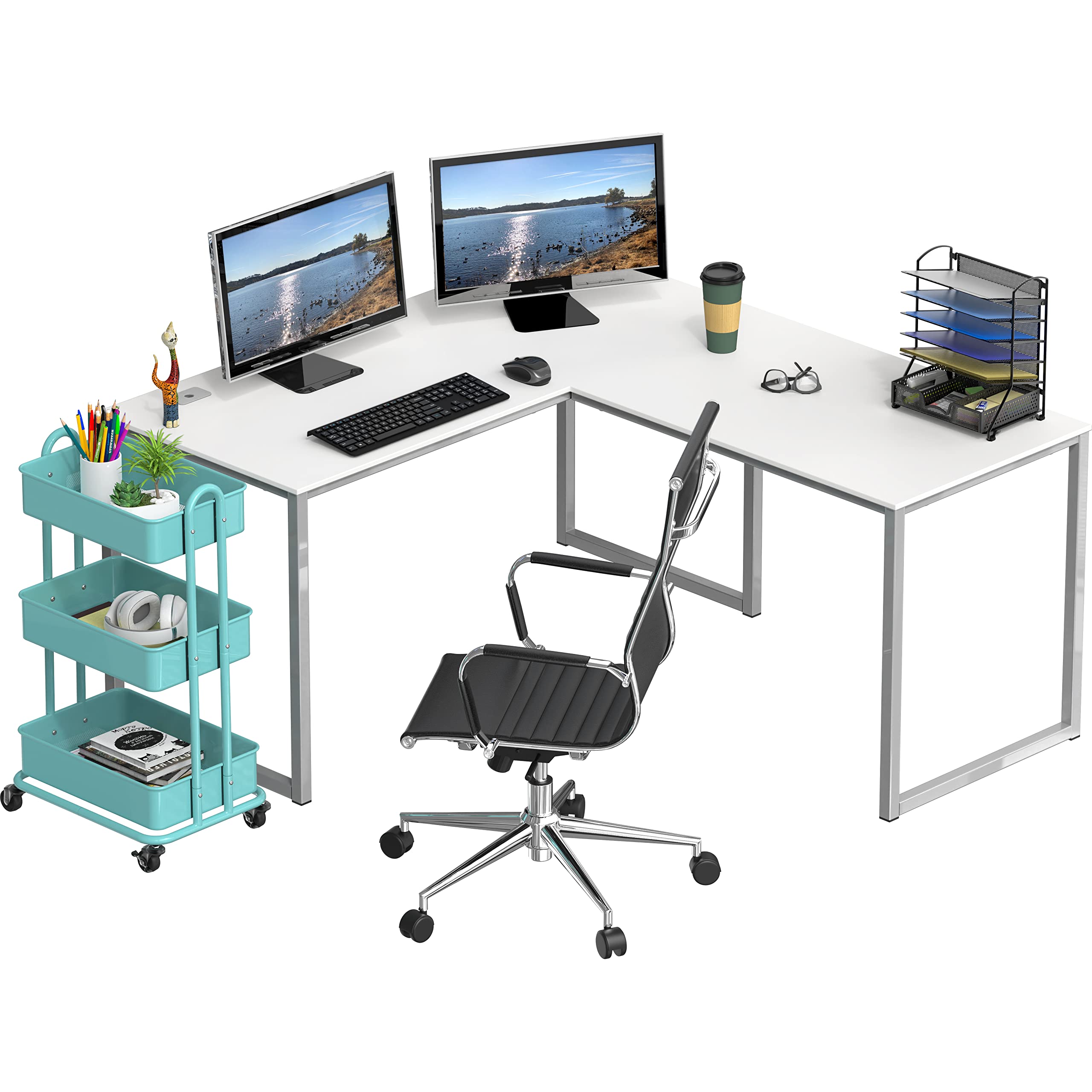 Home Office 55-Inch Large L Shaped Corner Desk, 24" Deep, White