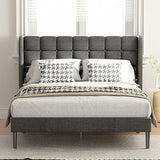 Full Size Bed Frame with Upholstered Wingback Headboard, Modern Platform Bed Frame