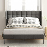 Queen Bed Frame with Headboard and Upholstered Wingback, Modern Platform Bed