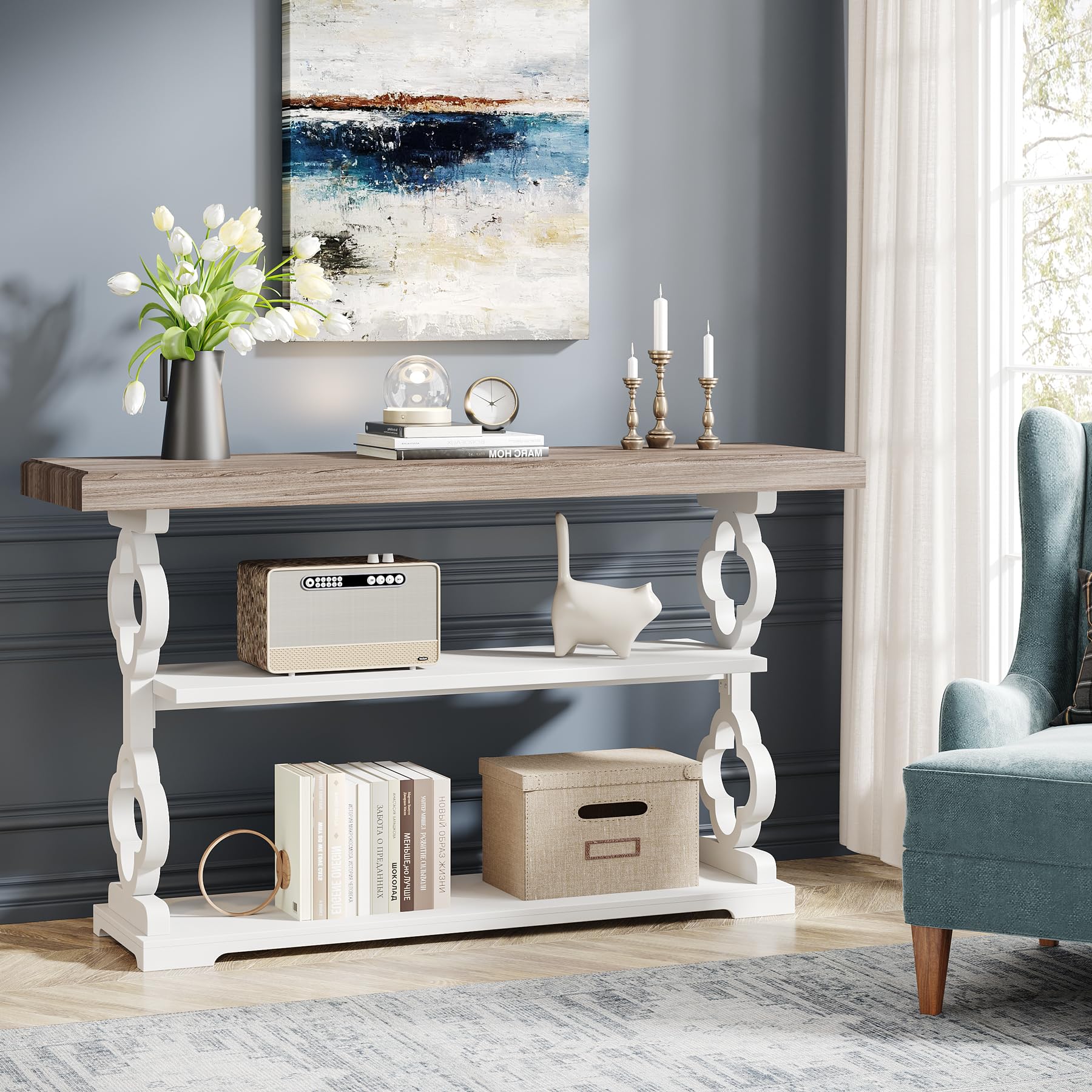 Farmhouse Console Table, 55 inch Long Sofa Table with Storage Shelves, 3 Tier Wood Accent Entry Table for Hallway,