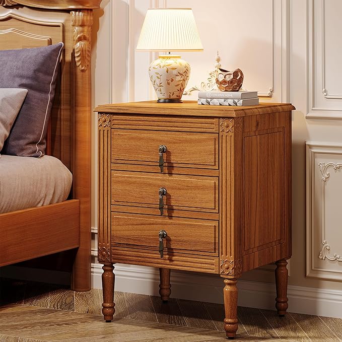 3 Drawer Nightstand, Wood Night Stand Bedside Table with Drawers, Tall End Table