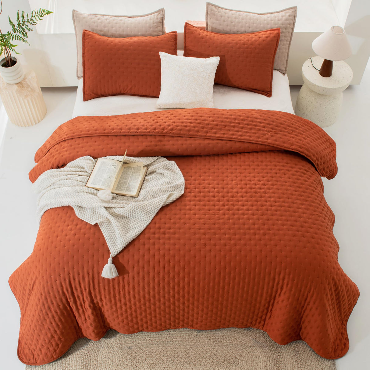 King Size Quilt Bedding Set (106x96 Inch), 3 Pieces Burnt Orange Fall Soft Lightweight