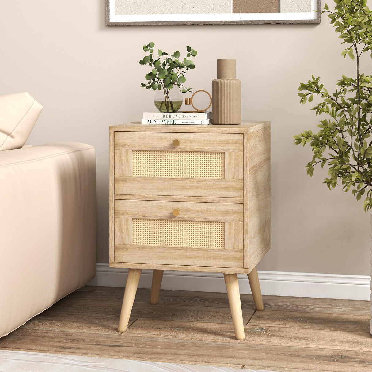 Nightstand, Boho Bedside Table with 2 Storage Drawers, Mid-Century Modern End Table