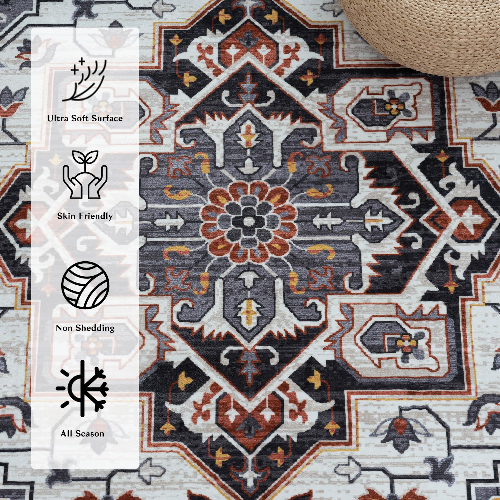 Ultra-Soft Washable Area Rug - 5x7 Non-Slip Vintage Low Pile Carpet Rugs for Living