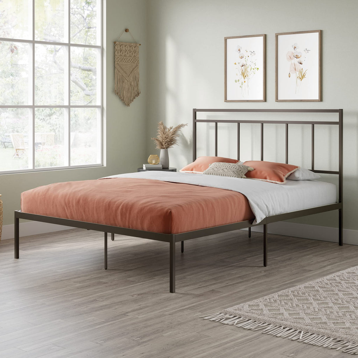 Sauder Cannery Bridge Queen Platform Bed with Headboard, Bronze Finish