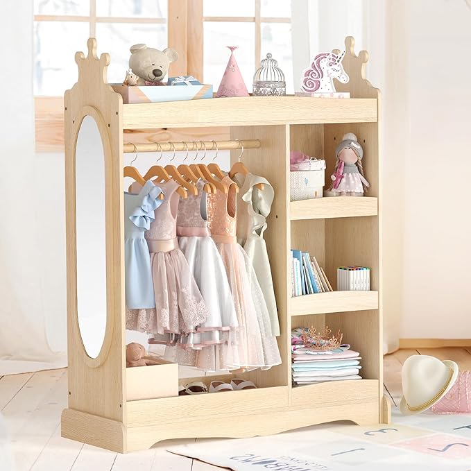 Kids Dress up Storage with Mirror, Kids Wardrobe with 3 Hooks, Kids Closet for Girls Boys