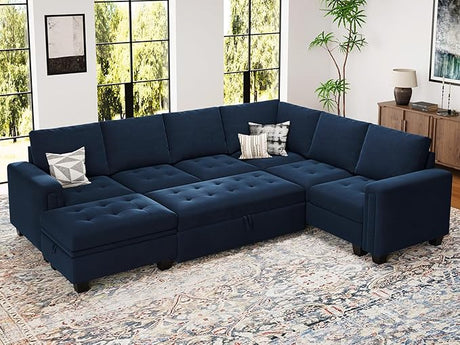 Modular Sectional Sleeper Sofa with Pull Out Bed U Shaped Sectional Sofa Couch with Storage Ottoman