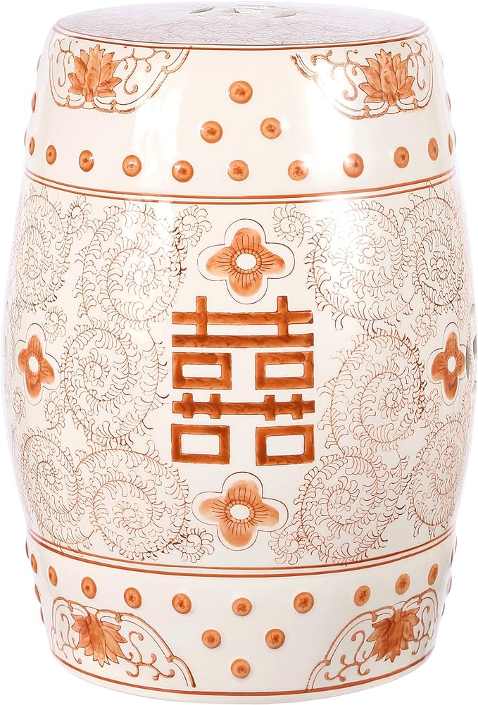 TBL1013B Double Happiness 18" Chinoiserie Ceramic Drum Garden Stool Bohemian, Coastal, Classic, Cottage,