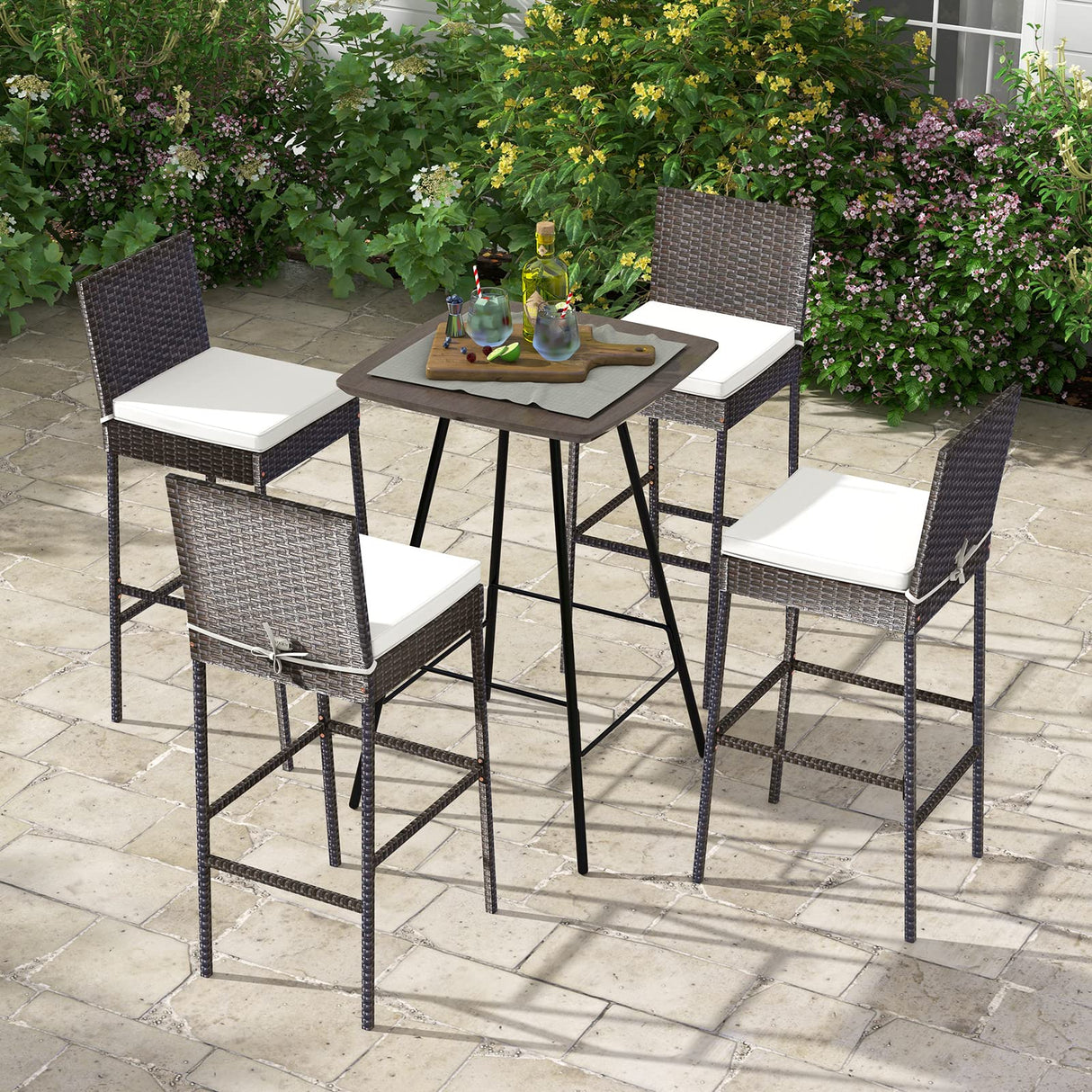 Set of 2 Patio Wicker Barstools, Outdoor Bar Height Chair w/Soft Seat Cushion