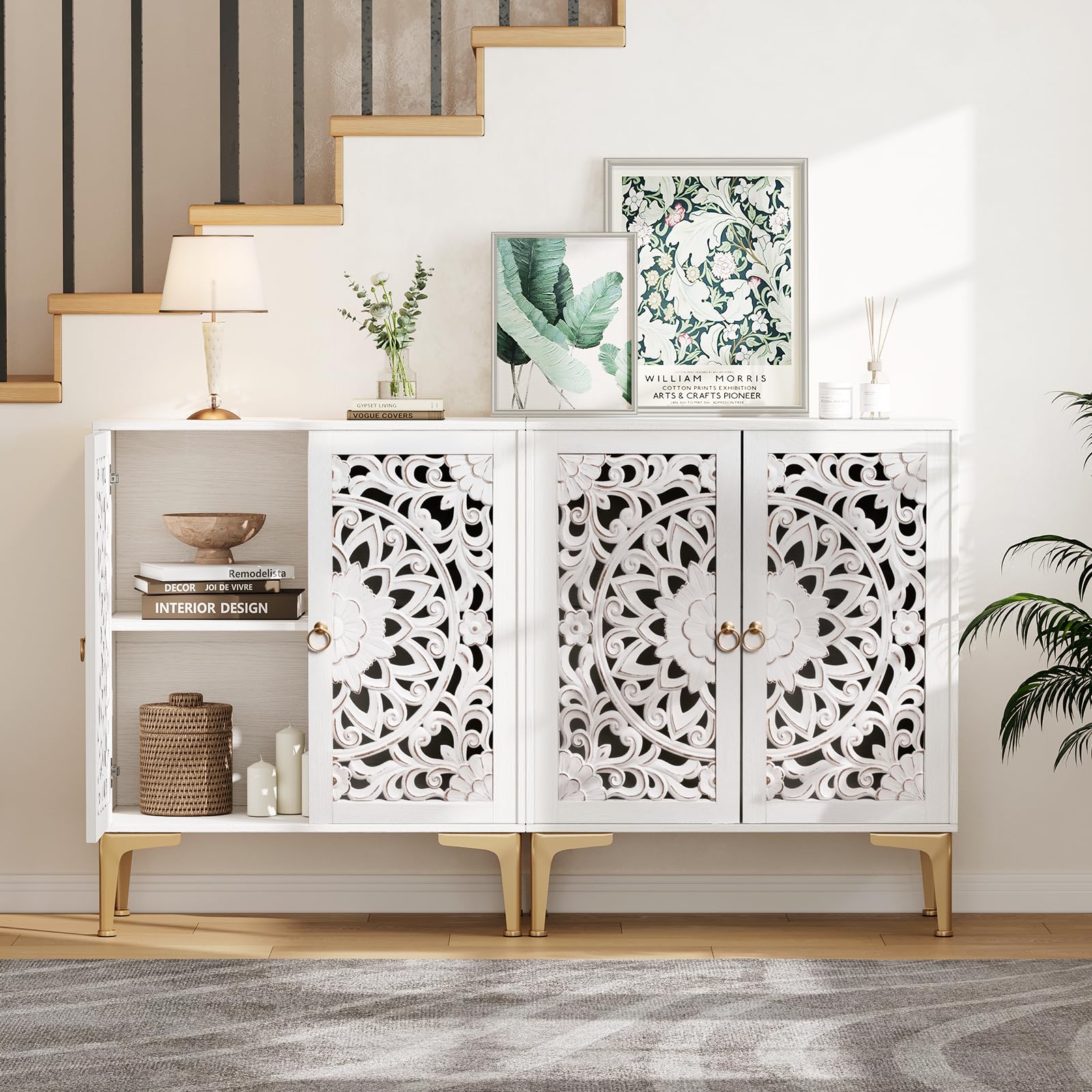 Vintage White Accent Cabinet with Carved Doors & Gold Legs – Decorative Storage Sideboard