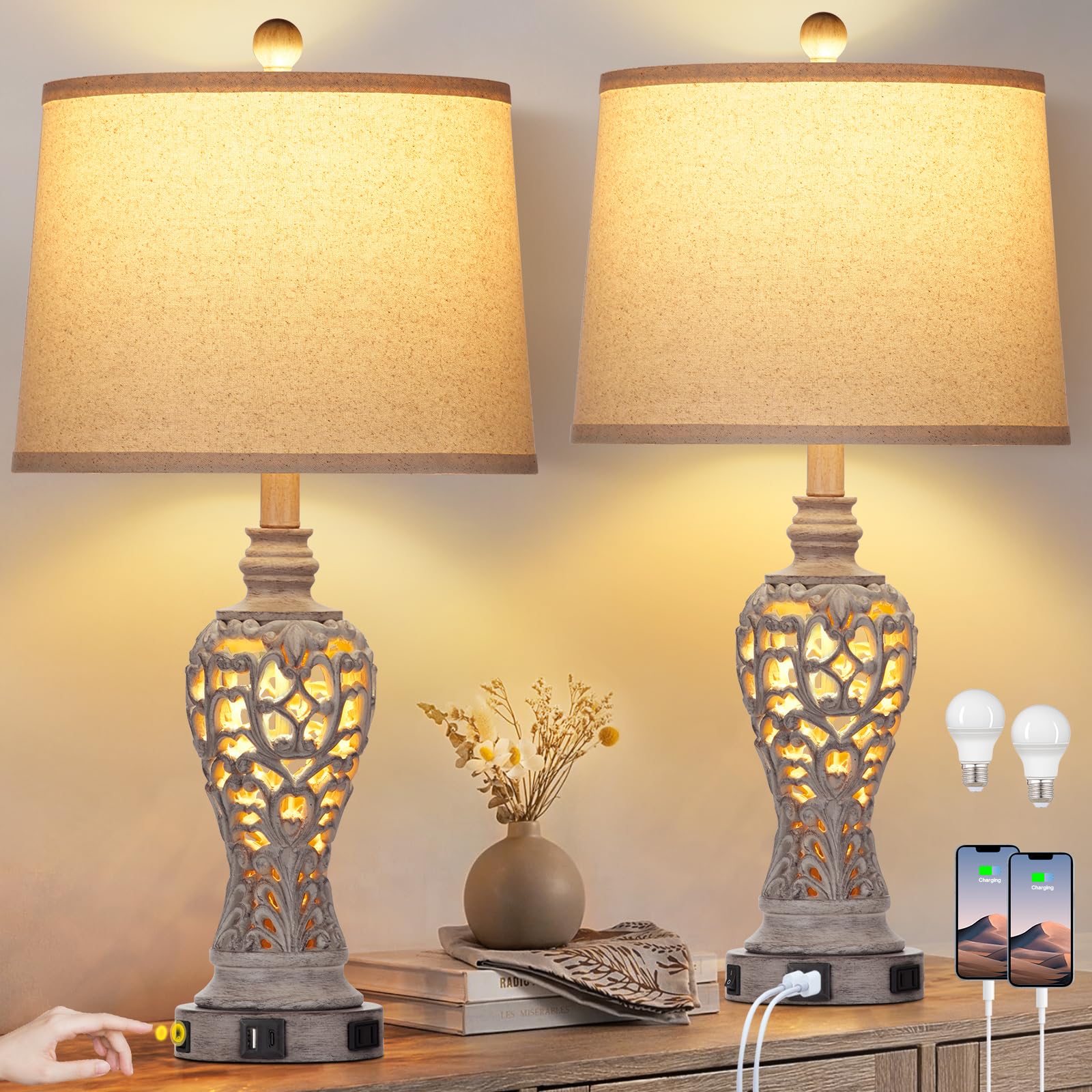 Farmhouse Table Lamps Set of 2 with Nightlight, Rustic Bedside Lamps